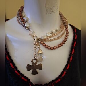 Chicos Beaded Collar Necklace With Gold Tone  Argyle Cross